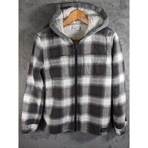 Abercrombie Kids Sherpa Lined Plaid Hooded Shirt Black White Check Size 13/14